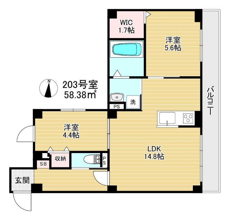 本所の完工年月(2021年1月)築の賃貸マンションの間取り