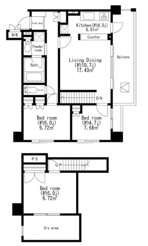 弦巻の完工年月(2002年3月)築の賃貸マンションの間取り