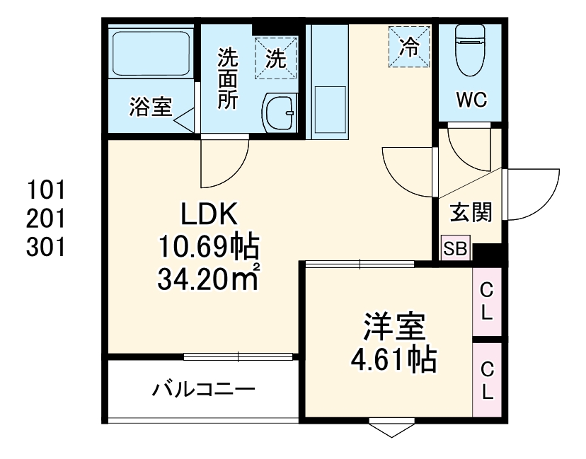 GRADUS若葉Ⅱ（グラドゥスワカバツー）・301号室の間取り